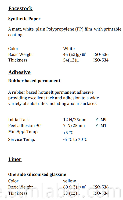 Synthetic Paper Rubber Based Permanent Yellow Glassine